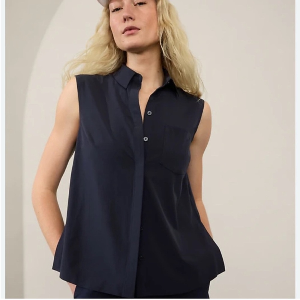 Athleta Navy Sleeveless Button Down Shirt